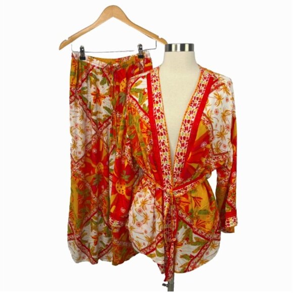 Haute Hippie Size M Kimono Top & Pant Set Colorful Tropical Bohemian Festival - Picture 1 of 16